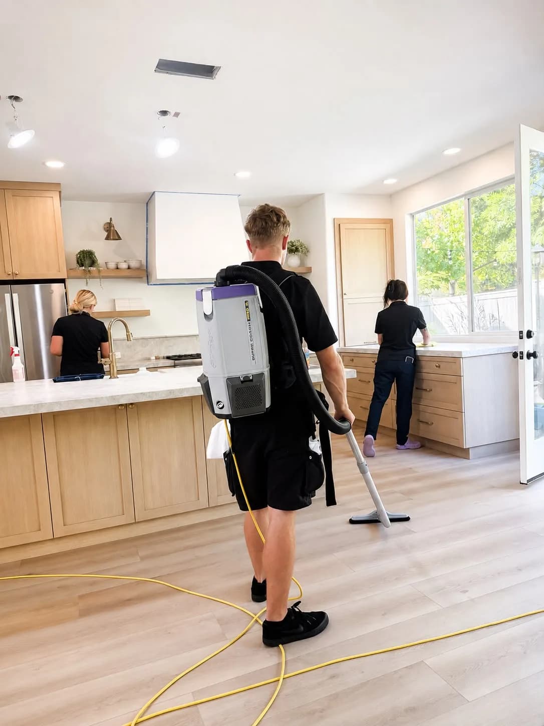 Three-person Gabby's Cleaning team on a move-in cleaning of a bright Orange County kitchen
