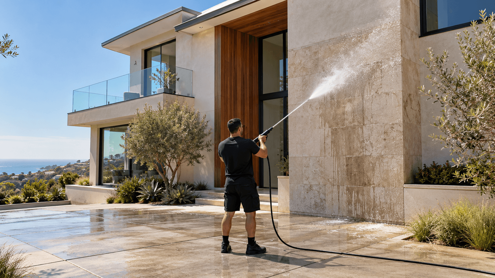 Exterior washing beside a modern home with a stone terrace and ocean view