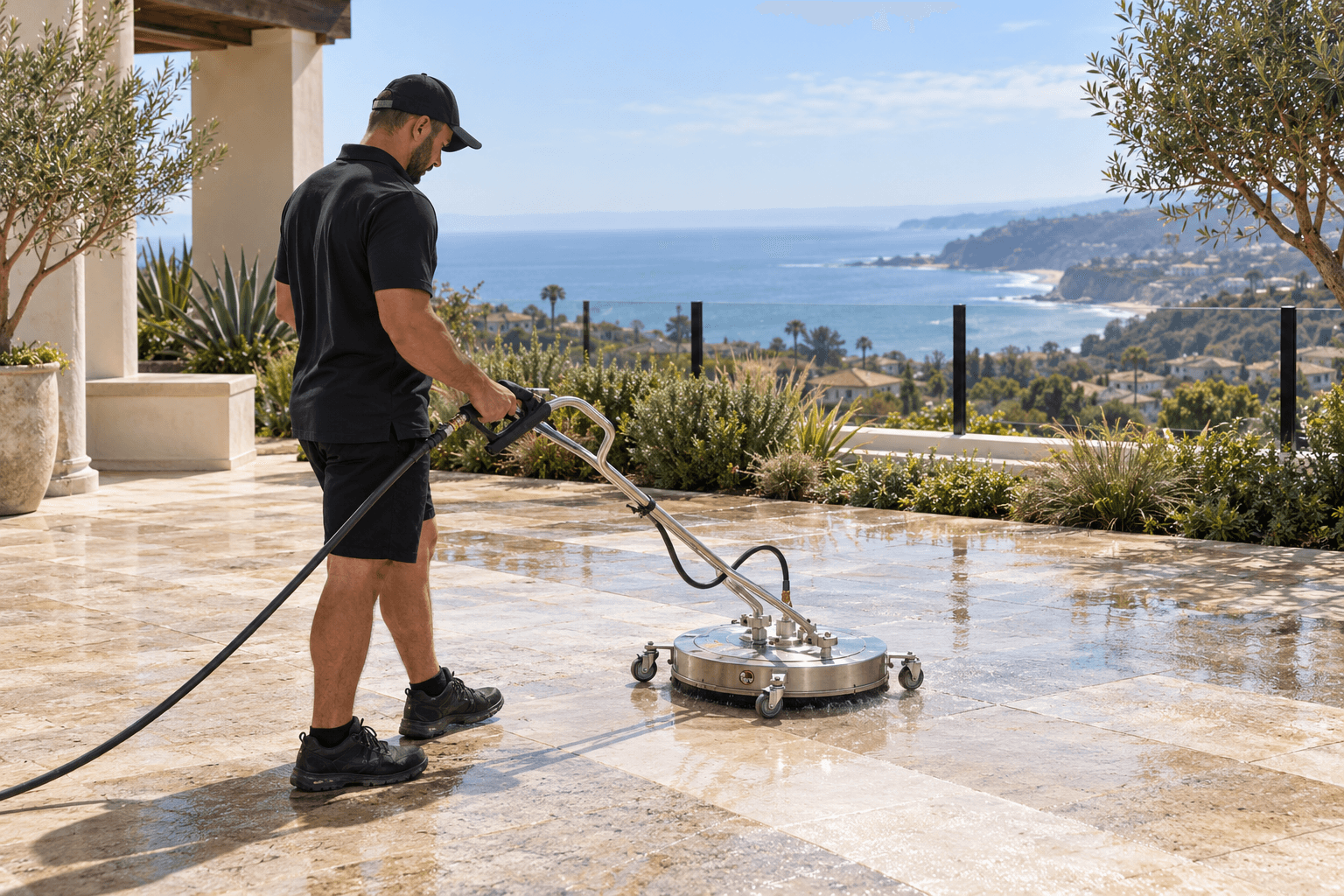 Surface cleaner washing a stone patio overlooking the ocean