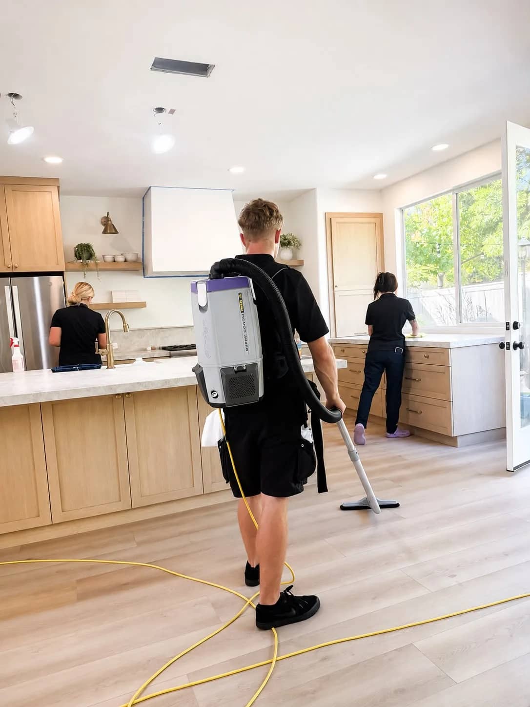 Three-person Gabby's Cleaning team on a move-in cleaning of a bright Orange County kitchen