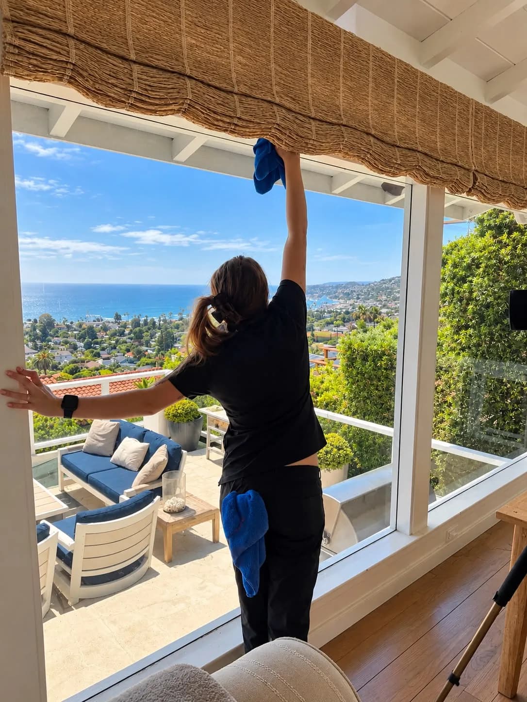 Wiping the top of a window frame above an ocean-view terrace