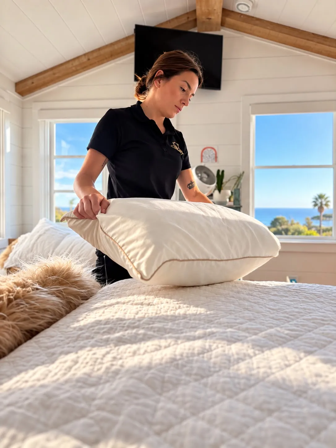 Fluffing pillows while making the bed in a bright ocean-view bedroom
