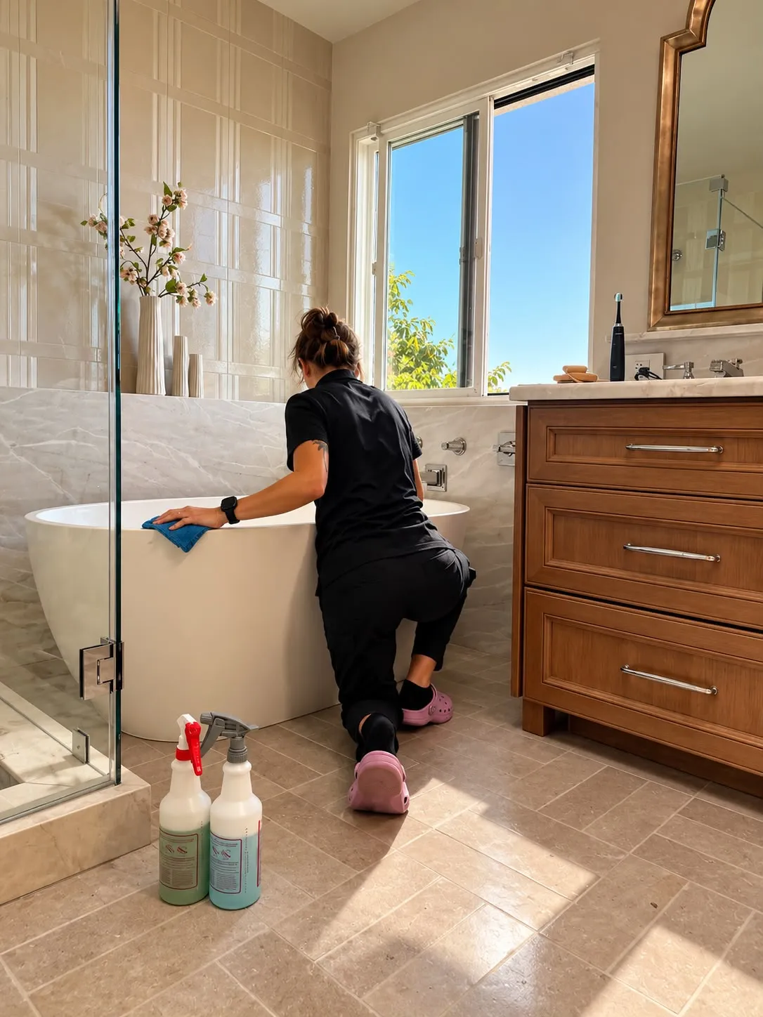 Hand-wiping a freestanding soaking tub in a travertine-floored bathroom