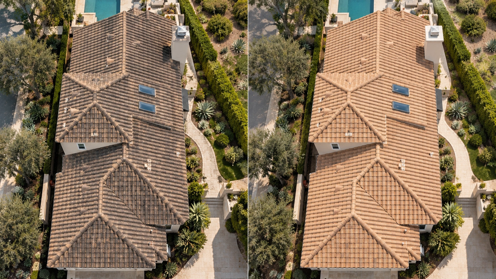 Overhead side-by-side views of a tiled roof